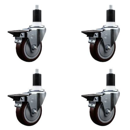 Service Caster 4'' Maroon Poly Swivel 1-1/2'' Expanding Stem Caster Set with Brake, 4PK SCC-EX20S414-PPUB-MRN-PLB-112-4